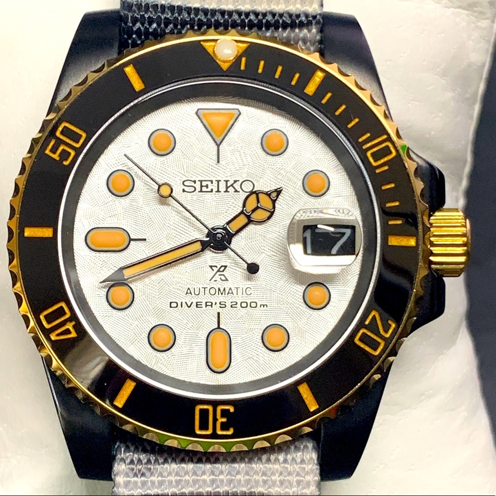 SEIKO SII NH35 MOD Movement Black PVD GOLD Patina Indice White Dial Prem Build